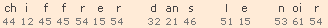 Darstellung des Textes in Sonografie 'chiffrer dans le noir' als Zahlencode 44(ch) 12(i) 45(f) 45(f) 54(r) 15(e) 54(r)   32(d) 21(an) 46(46)   51(l) 15(e)   53(n) 61(oi) 54(r)