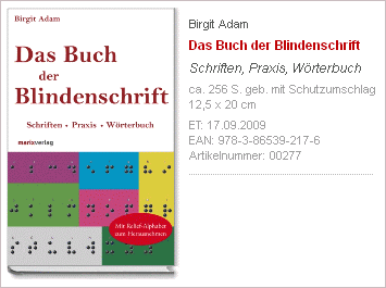 Cover des Buches der Blindenschrift und zusätzliche Angaben