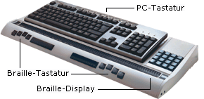 Braillezeile mit Auflageflche fr eine Normaltastatur, Braille-Tasten vorn am Gert