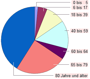 Alterseinteilung nach Jahren: 0-5 ~1%, 6-17 ~4%, 18-39 ~10%, 40-59 ~15%, 60-64 ~5%, 65-79 ~25%, ab 80 ~40%