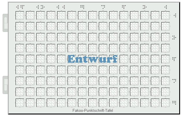 Fakoo-Punktschrift-Tafel: 9 Zeilen zu jeweils 15 Formen mit je 3 mal 3 Punkten, ber der mittleren Spalte jeweils eine zustzliche Kerbe