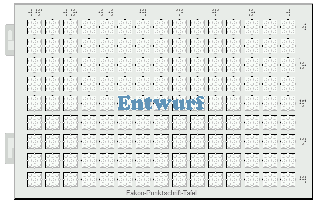 Fakoo-Punktschrift-Tafel: 9 Zeilen zu jeweils 15 Formen mit je 3 mal 3 Punkten, �ber der mittleren Spalte jeweils eine zus�tzliche Kerbe