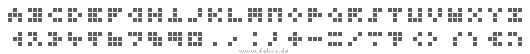 Fakoo-Alphabet, Ziffern und Satzzeichen in zwei Zeilen, aus Quadraten gebildet