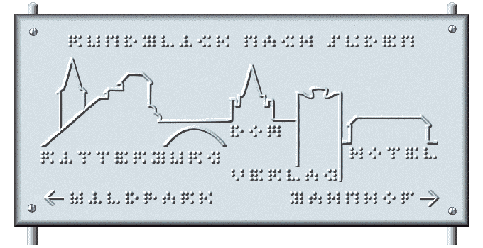 Tafel mit Stadt-Silhouette 'RUNDBLICK NACH S�DEN, RITTERBURG, DOM, VERLAG, HOTEL, WILDPARK, BAHNHOF' in Fakoo
