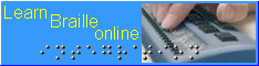 Banner 234 x 60, yellow script on blue background, script: 'Learn Braille online', in Braille-dots: 'integration', right half of the banner image read by fingers on a Braille display