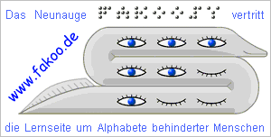 Banner 380 x 152, blaue Schrift: 'Das Neunauge FAKOOSY vertritt FAKOO, die Lernseite zu Alphabeten behinderter Menschen', Name Fakoosy in Fakoo, mittig die gro�e Abbildung des Maskottchens Neunauge Fakoosy
