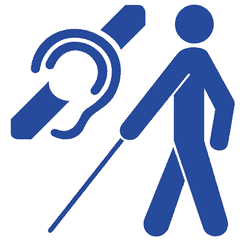 Taubblinden-Logo aus durchgestrichenem Ohr und Mann mit Blindenstock (in wei auf blauem Grund)