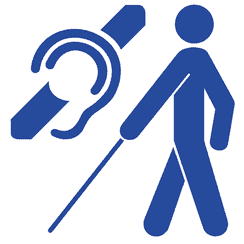 Taubblinden-Logo aus durchgestrichenem Ohr und Mann mit Blindenstock (in wei� auf blauem Grund)
