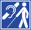 Taubblinden-Logo aus Mann mit Blindenstock und durchgestrichenem Ohr in wei� auf blauem Grund