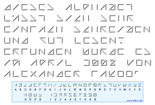 Mustertext in Quadoo 'DIESES ALPHABET L�SST SICH SEHR EINFACH SCHREIBEN UND GUT LESEN! ERFUNDEN WURDE ES IM APRIL 2008 VON ALEXANDER FAKOO'
