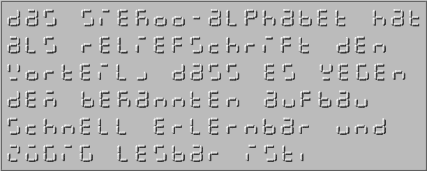 das siekoo-alphabet hat als reliefschrift den vorteil, dass es wegen dem bekannten aufbau schnell erlernbar und zgig lesbar ist.