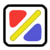eigenes Farbcode-Logo mit blauem und rotem Dreieck und gelbem Schrgstrich, schwarz umrahmt