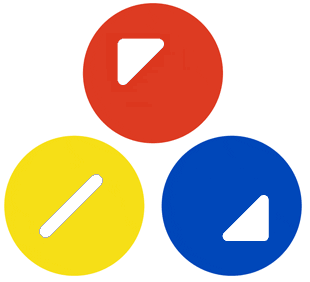 Rot (Dreieck, spitze nach links oben), Gelb (Schrgstrich) und Blau (Dreieck, Spitze nach rechts unten)