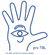 Taubblinden-Logo (tbhk): Hand mit Auge und Ohr auf der Handflche - ich sehe und hre mit meinen Hnden (blau auf wei)