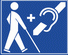 Deafblind-Logo (bpt): Blindenstock-Mann + Plus-Zeichen + gestrichen-Ohr (eckig) (wei auf blau)